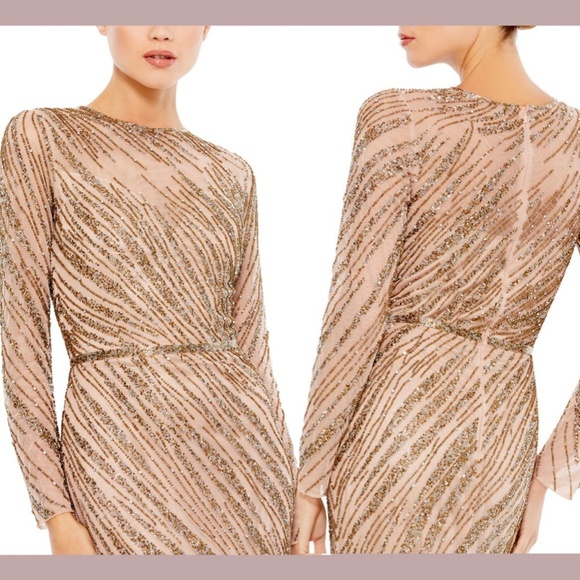 NEW Mac Duggal Beaded Long Sleeve Column‎ Gown in Mocha [SZ 6 ] - Picture 2 of 8